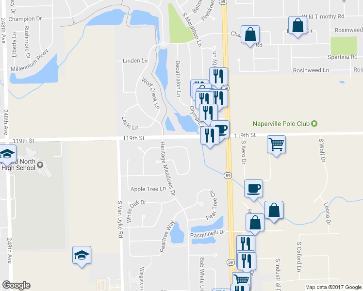map of restaurants, bars, coffee shops, grocery stores, and more near 24166 Walnut Circle in Plainfield
