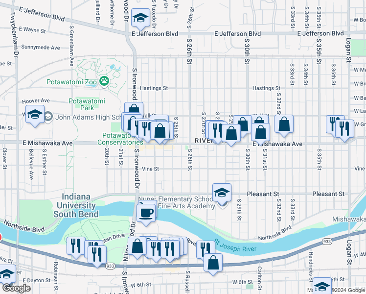 map of restaurants, bars, coffee shops, grocery stores, and more near 2520 East Mishawaka Avenue in South Bend