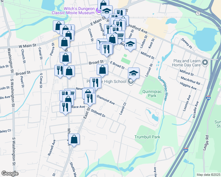 map of restaurants, bars, coffee shops, grocery stores, and more near 58 Tomlinson Avenue in Plainville