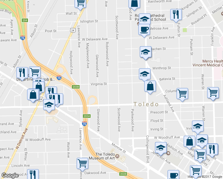 map of restaurants, bars, coffee shops, grocery stores, and more near 2256 Robinwood Avenue in Toledo