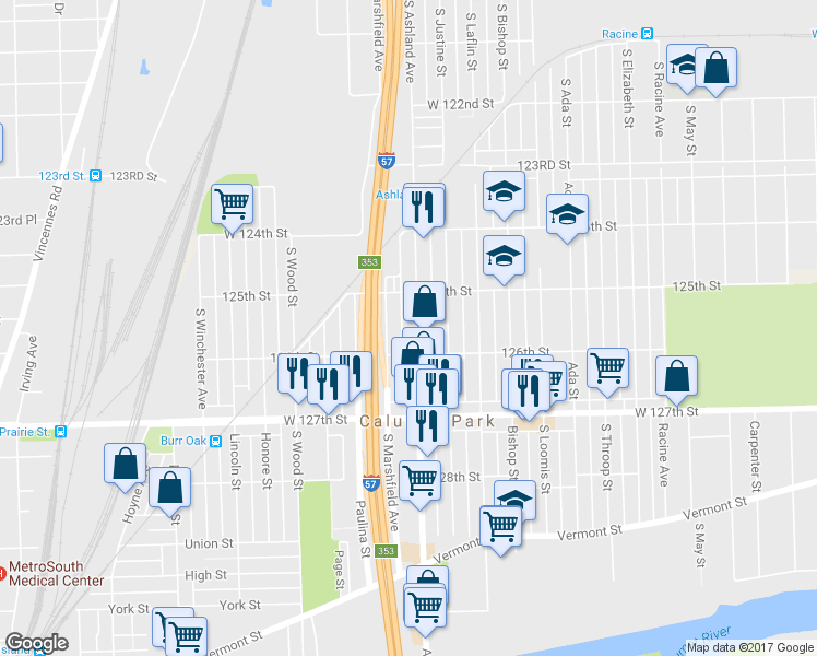 map of restaurants, bars, coffee shops, grocery stores, and more near 12528 South Ashland Avenue in Calumet Park