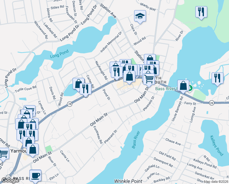 map of restaurants, bars, coffee shops, grocery stores, and more near 1261 Massachusetts 28 in Yarmouth
