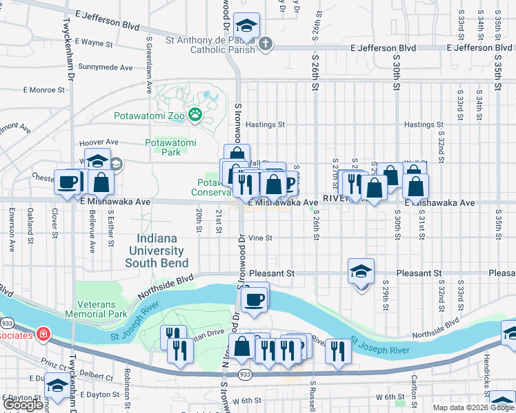 map of restaurants, bars, coffee shops, grocery stores, and more near 2224 East Mishawaka Avenue in South Bend