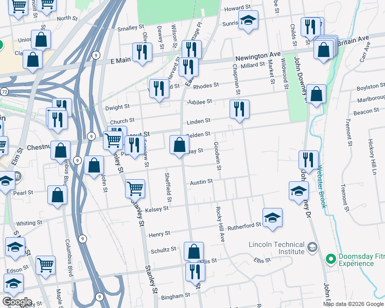 map of restaurants, bars, coffee shops, grocery stores, and more near 451 East Street in New Britain