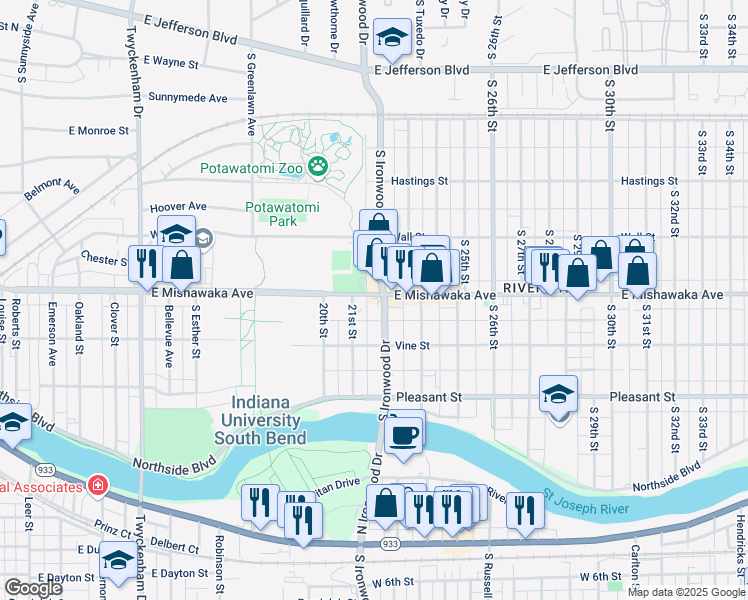 map of restaurants, bars, coffee shops, grocery stores, and more near 2130 East Mishawaka Avenue in South Bend