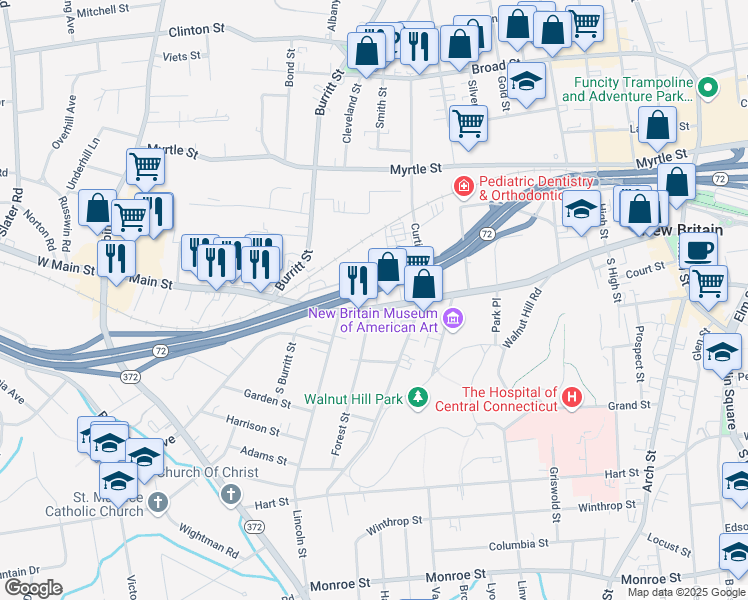 map of restaurants, bars, coffee shops, grocery stores, and more near 399 West Main Street in New Britain
