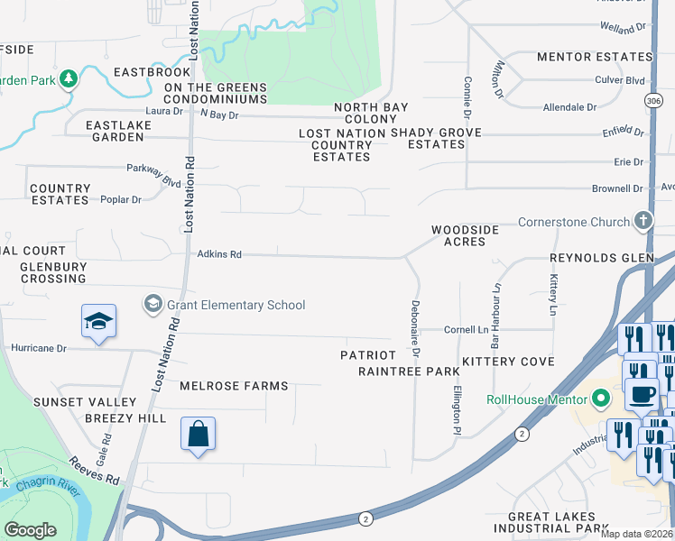 map of restaurants, bars, coffee shops, grocery stores, and more near 38774 Adkins Road in Willoughby