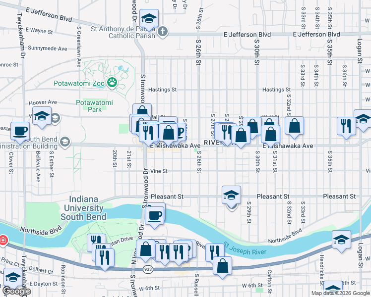 map of restaurants, bars, coffee shops, grocery stores, and more near 2520 East Mishawaka Avenue in South Bend