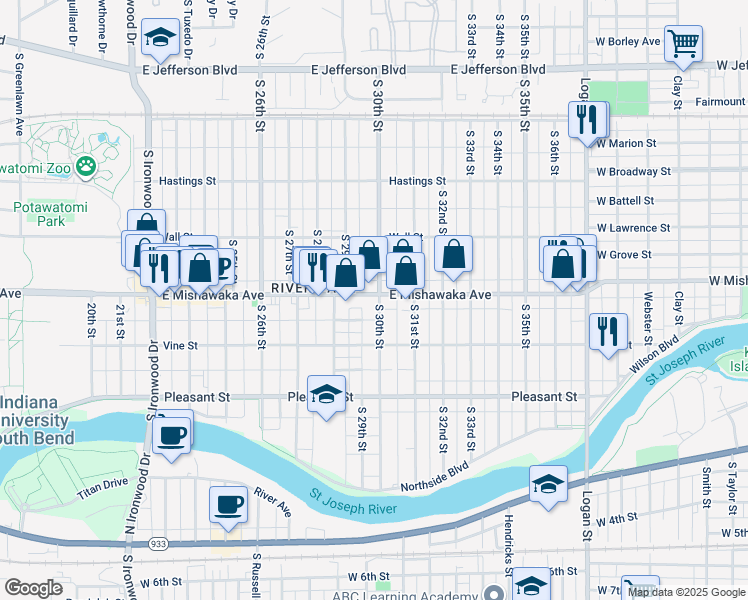 map of restaurants, bars, coffee shops, grocery stores, and more near 3002 East Mishawaka Avenue in South Bend