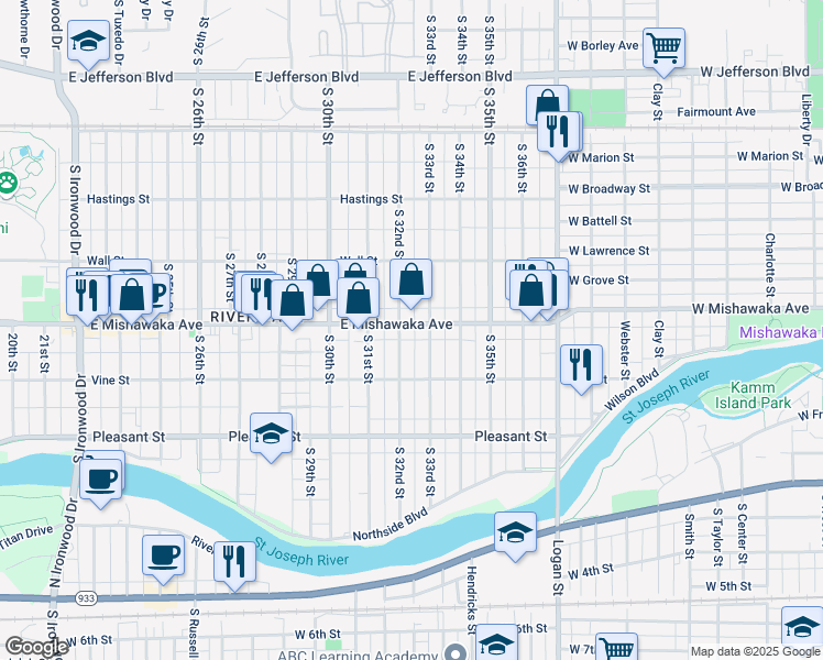 map of restaurants, bars, coffee shops, grocery stores, and more near 3210 East Mishawaka Avenue in South Bend