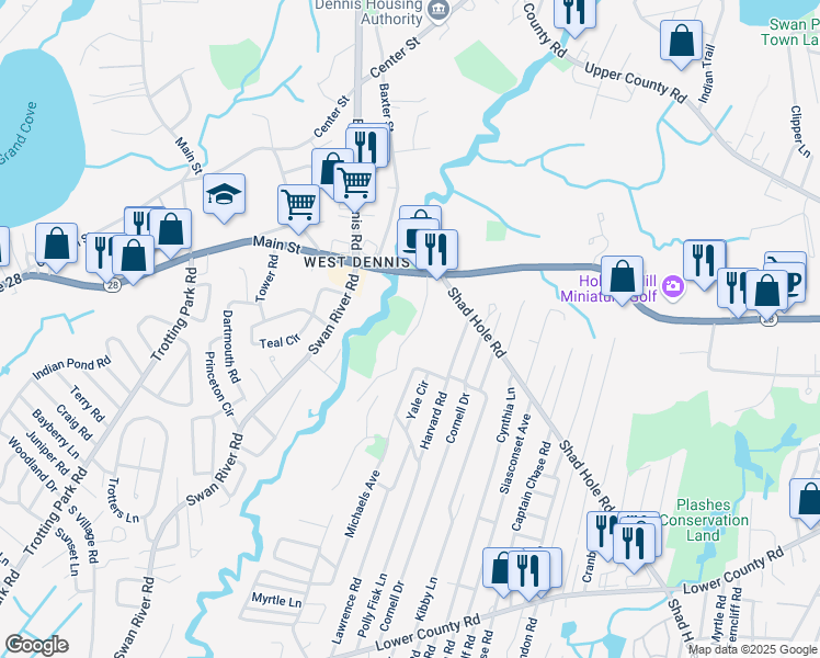 map of restaurants, bars, coffee shops, grocery stores, and more near 25 Lone Tree Road in Dennis