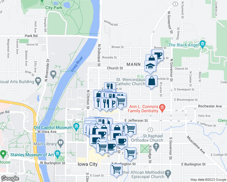 map of restaurants, bars, coffee shops, grocery stores, and more near 315 East Davenport Street in Iowa City