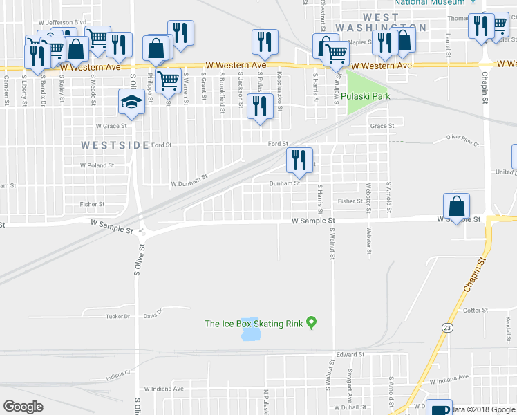 map of restaurants, bars, coffee shops, grocery stores, and more near 831 South Pulaski Street in South Bend