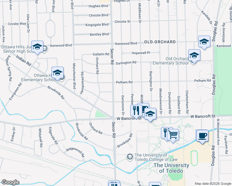 map of restaurants, bars, coffee shops, grocery stores, and more near 2328 Secor Road in Toledo