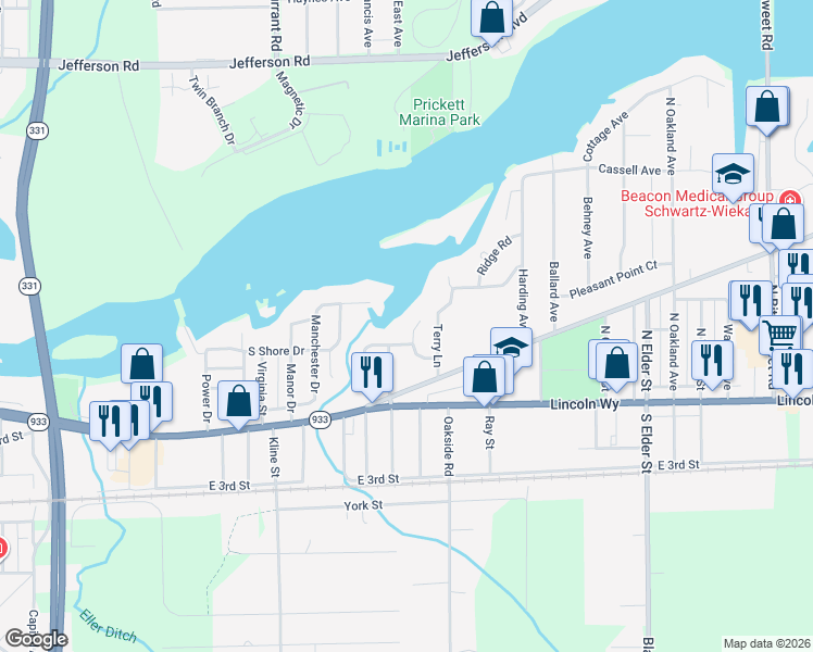 map of restaurants, bars, coffee shops, grocery stores, and more near 213 Livingston Bay in Mishawaka