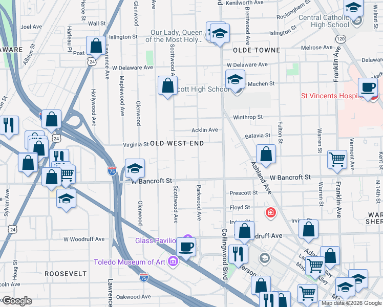 map of restaurants, bars, coffee shops, grocery stores, and more near 2255 Parkwood Ave in Toledo