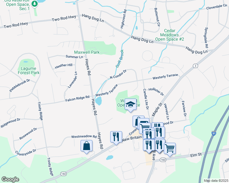 map of restaurants, bars, coffee shops, grocery stores, and more near 280 Westerly Terrace in Rocky Hill
