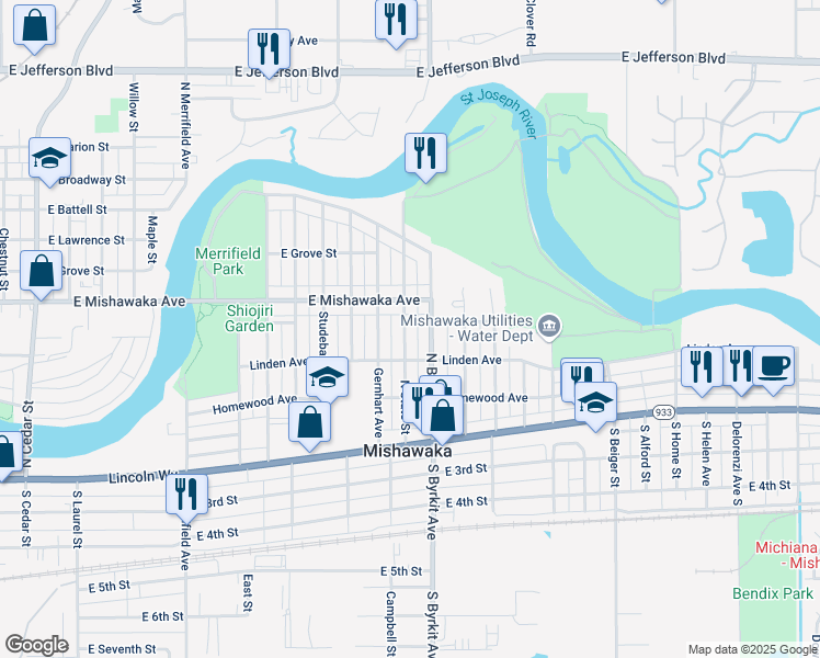 map of restaurants, bars, coffee shops, grocery stores, and more near 428 North State Street in Mishawaka