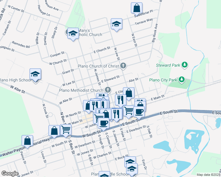 map of restaurants, bars, coffee shops, grocery stores, and more near 218 North Hale Street in Plano
