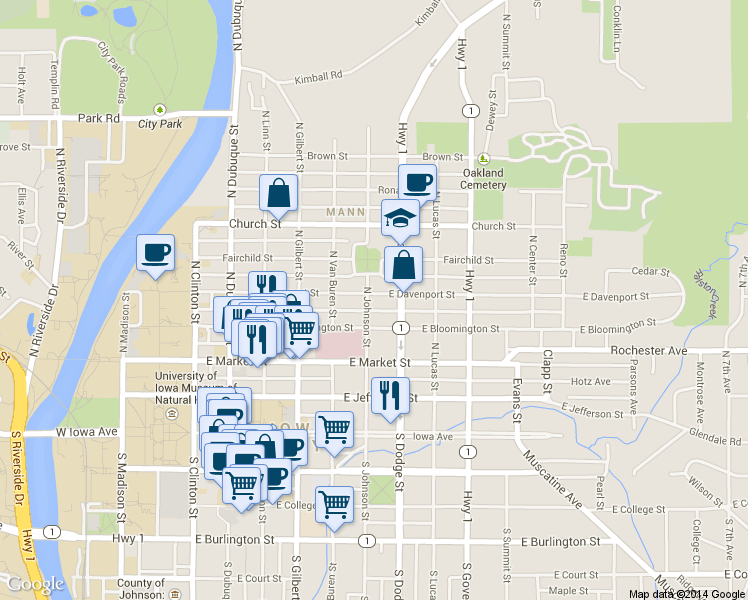 map of restaurants, bars, coffee shops, grocery stores, and more near 332 North Johnson Street in Iowa City