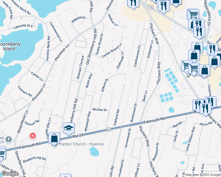 map of restaurants, bars, coffee shops, grocery stores, and more near 30 Floodtide Lane in Barnstable