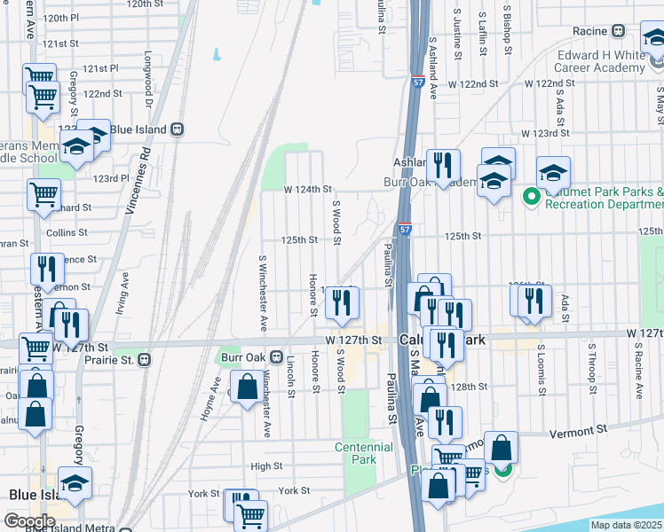 map of restaurants, bars, coffee shops, grocery stores, and more near 12524 South Wood Street in Calumet Park