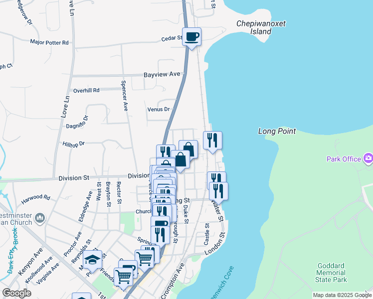 map of restaurants, bars, coffee shops, grocery stores, and more near 46 Duane Street in East Greenwich