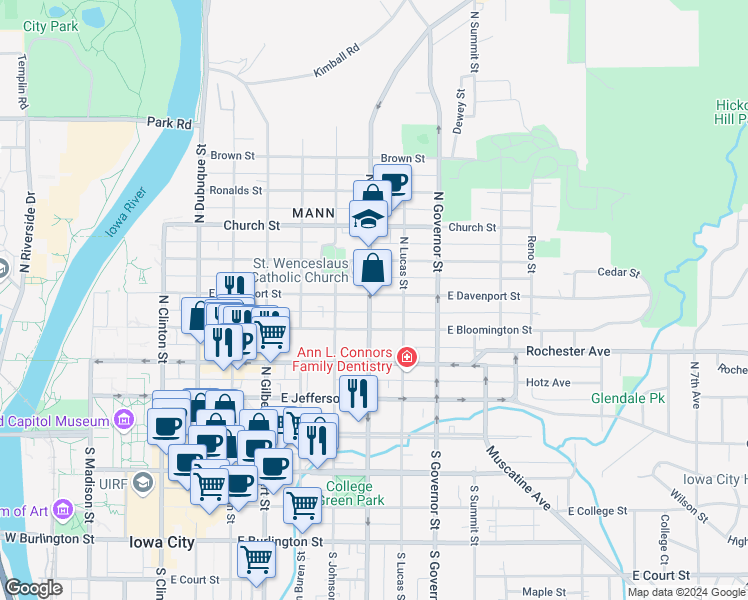 map of restaurants, bars, coffee shops, grocery stores, and more near 701 East Davenport Street in Iowa City