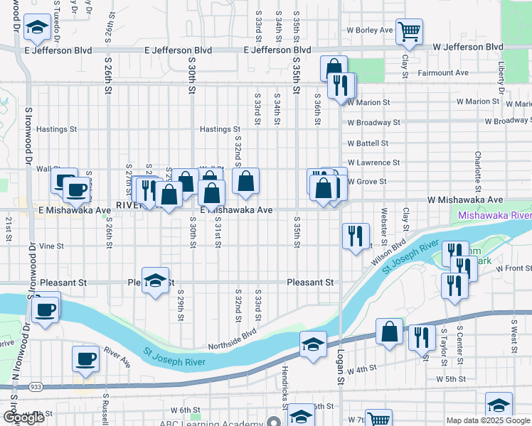 map of restaurants, bars, coffee shops, grocery stores, and more near 3324 East Mishawaka Avenue in South Bend