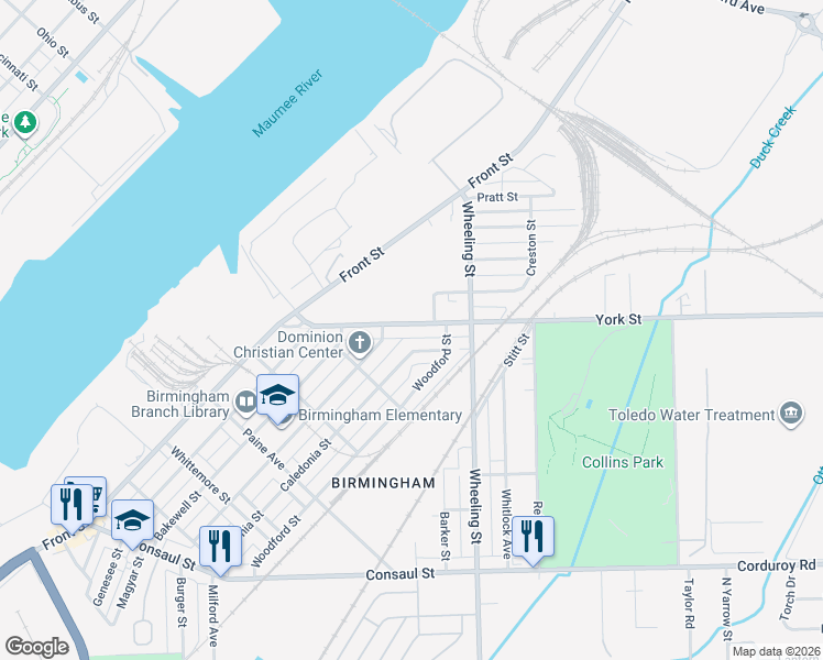 map of restaurants, bars, coffee shops, grocery stores, and more near 2528 York Street in Toledo