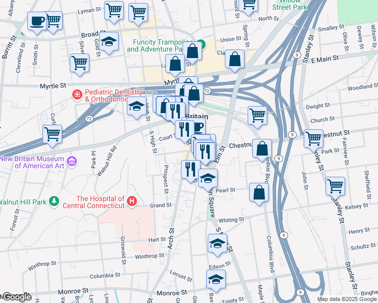 map of restaurants, bars, coffee shops, grocery stores, and more near 70 Arch Street in New Britain
