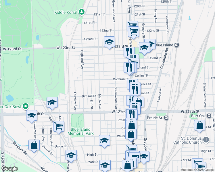 map of restaurants, bars, coffee shops, grocery stores, and more near 2530 Lewis Street in Blue Island