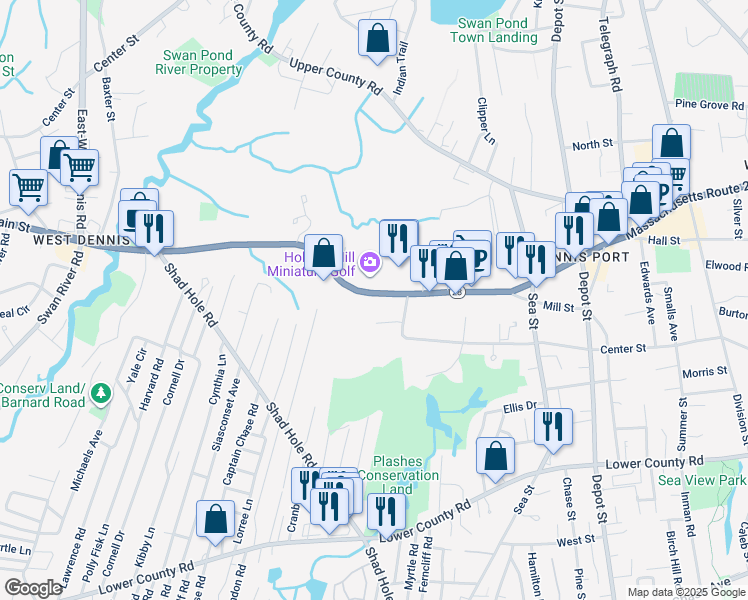 map of restaurants, bars, coffee shops, grocery stores, and more near 329 Main Street in Dennis