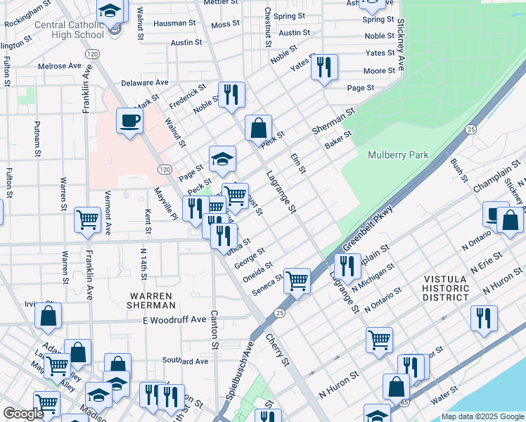 map of restaurants, bars, coffee shops, grocery stores, and more near 1518 Locust St in Toledo