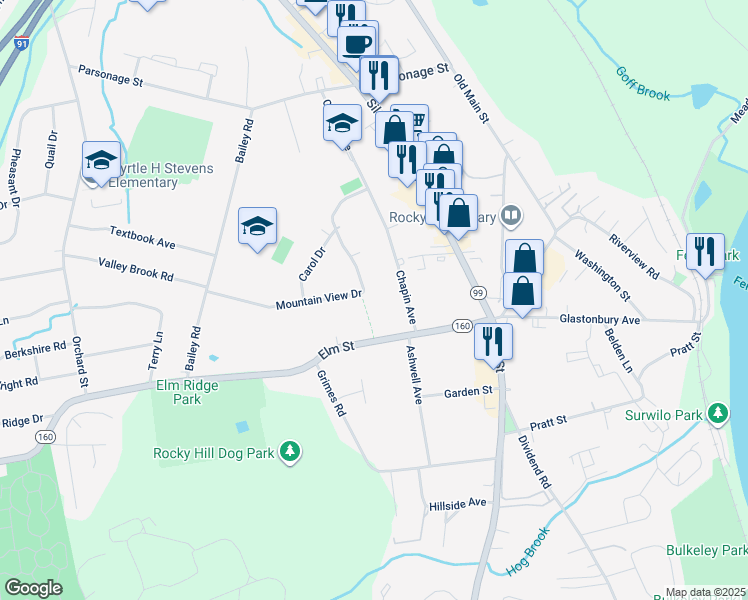 map of restaurants, bars, coffee shops, grocery stores, and more near 21 Mountain View Drive in Rocky Hill