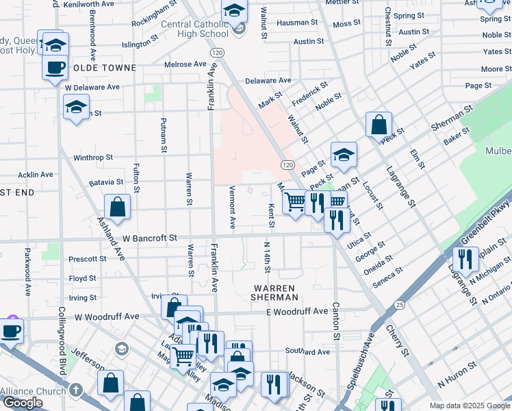 map of restaurants, bars, coffee shops, grocery stores, and more near 212 Page Street in Toledo