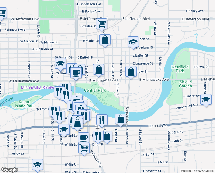 map of restaurants, bars, coffee shops, grocery stores, and more near 501 O Connor Street in Mishawaka