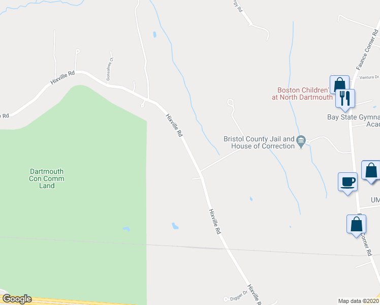 map of restaurants, bars, coffee shops, grocery stores, and more near 583 Hixville Road in Dartmouth