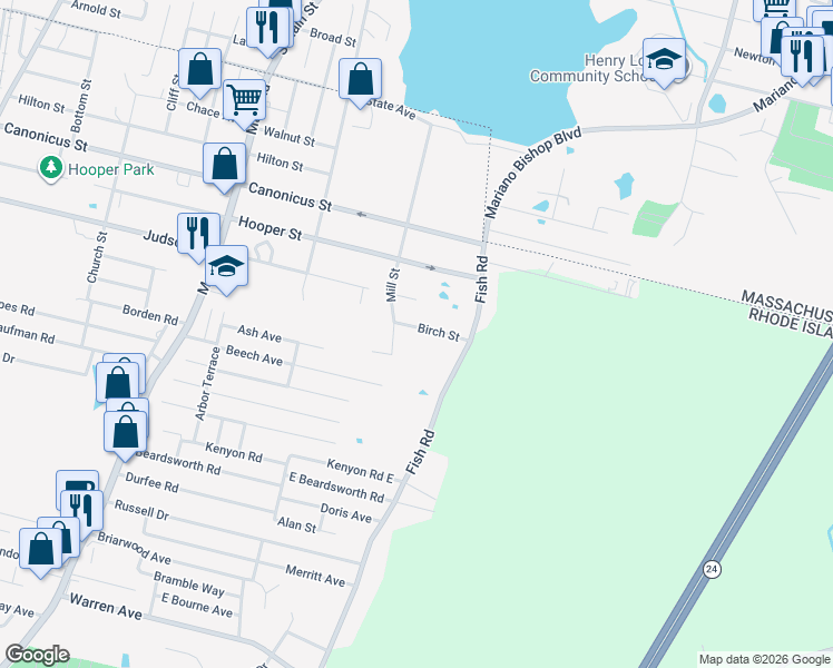 map of restaurants, bars, coffee shops, grocery stores, and more near 32 Birch Street in Tiverton