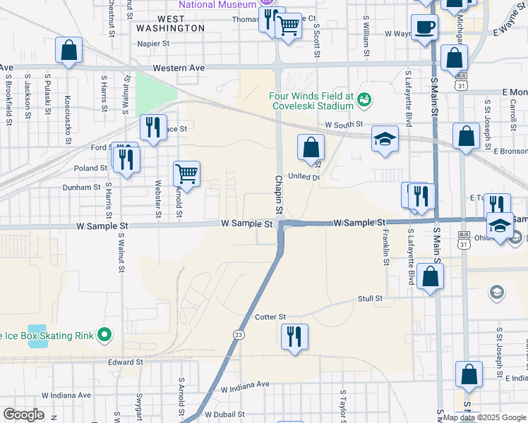 map of restaurants, bars, coffee shops, grocery stores, and more near 835-949 West Sample Street in South Bend