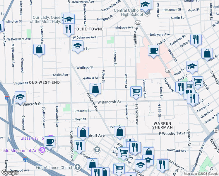 map of restaurants, bars, coffee shops, grocery stores, and more near 220 Columbia Street in Toledo