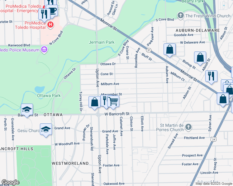 map of restaurants, bars, coffee shops, grocery stores, and more near 1778 Macomber Street in Toledo