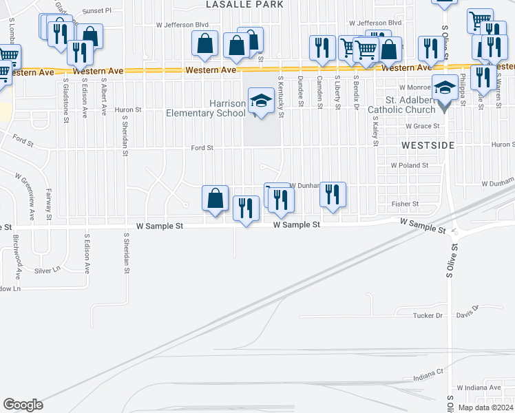 map of restaurants, bars, coffee shops, grocery stores, and more near 829 South Kentucky Street in South Bend