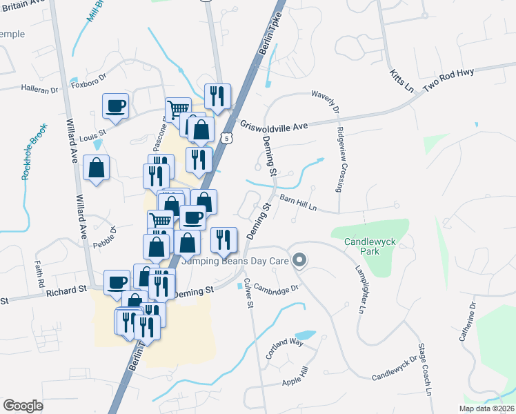 map of restaurants, bars, coffee shops, grocery stores, and more near 78 Harvest Court in Newington