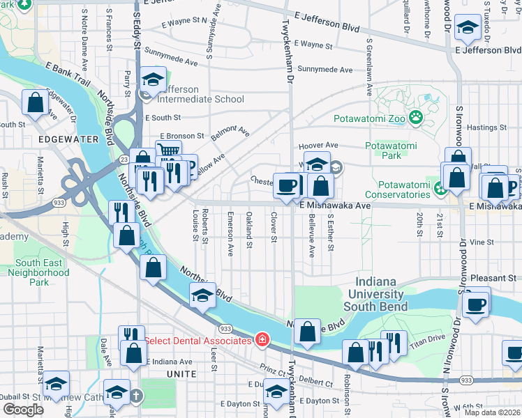 map of restaurants, bars, coffee shops, grocery stores, and more near 1416 East Mishawaka Avenue in South Bend