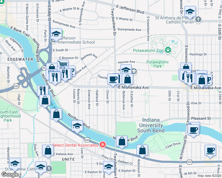 map of restaurants, bars, coffee shops, grocery stores, and more near 1438 East Mishawaka Avenue in South Bend