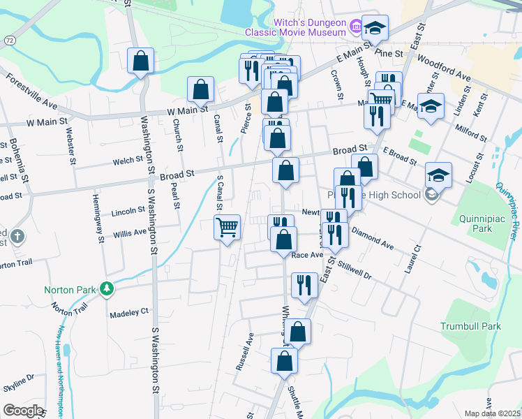 map of restaurants, bars, coffee shops, grocery stores, and more near 30 Hultenius Street in Plainville