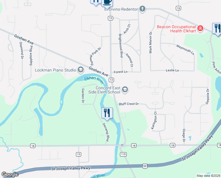 map of restaurants, bars, coffee shops, grocery stores, and more near 57089 County Road 13 in Elkhart