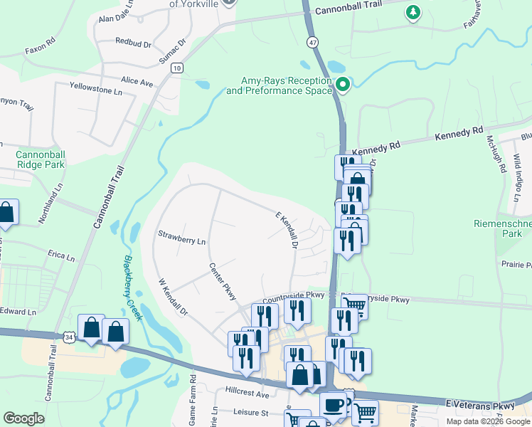 map of restaurants, bars, coffee shops, grocery stores, and more near 204 East Kendall Drive in Yorkville