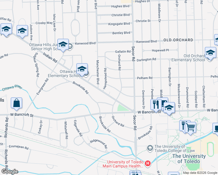 map of restaurants, bars, coffee shops, grocery stores, and more near 3454 Indian Road in Toledo